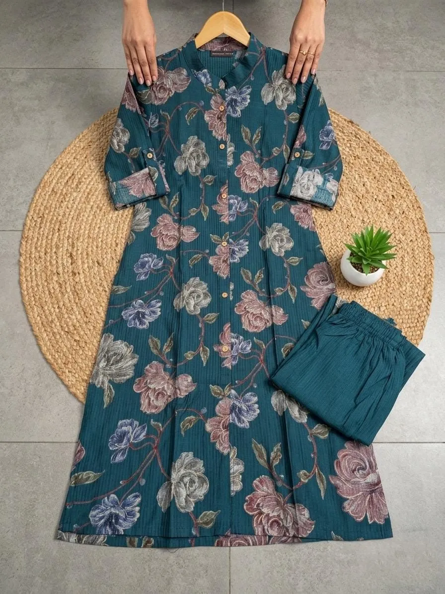 Teal Blue Floral Printed Kurti Pant Set